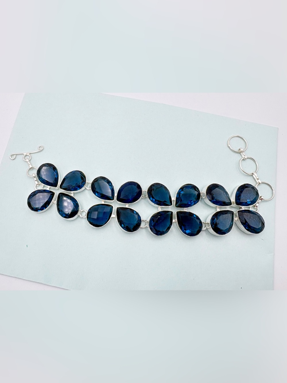New Sterling Silver Elegant Deep Blue Iolite Teardrop Gemstone Floral Bracelet